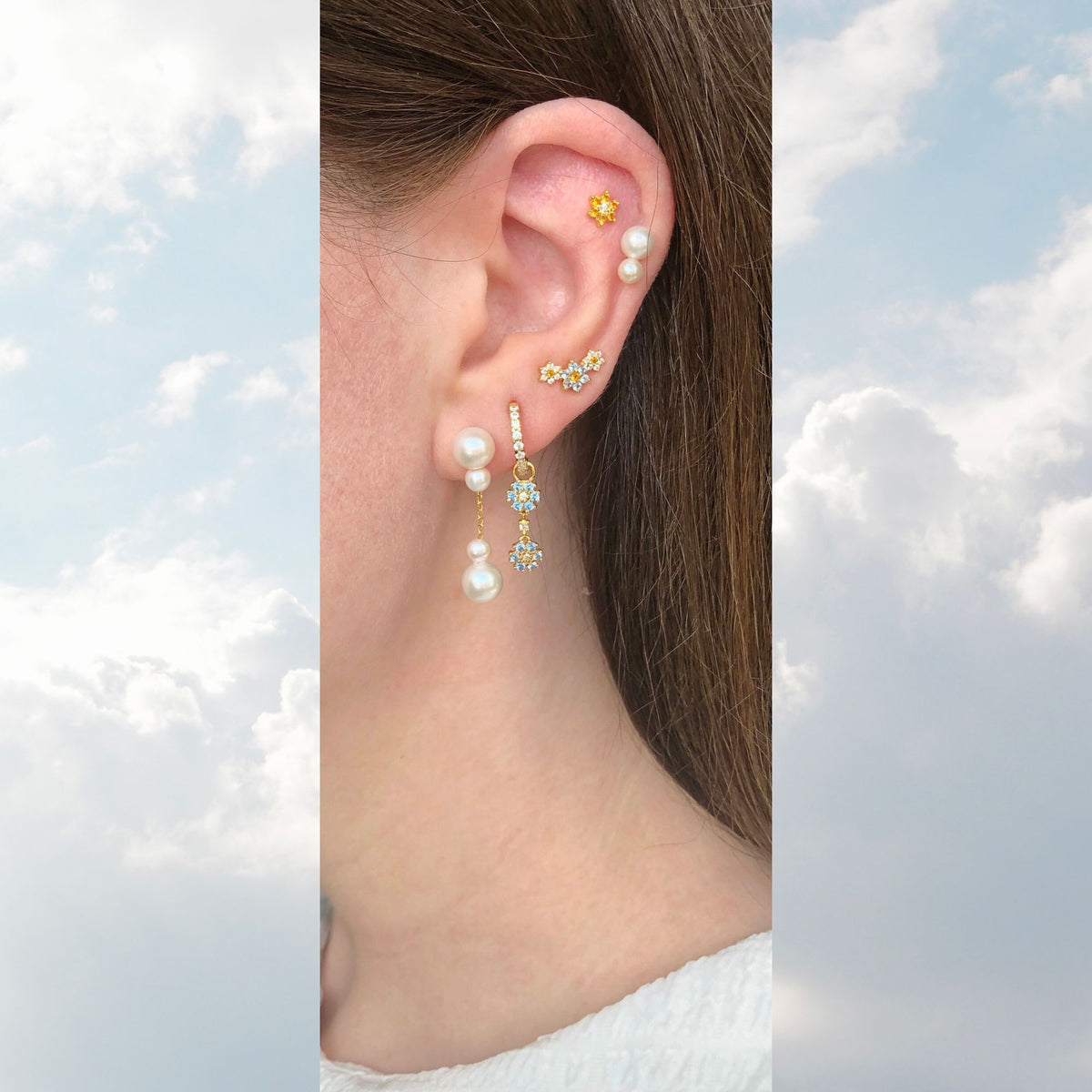 Trois Fleurs 18K Gold Plated Stud w. White, Blue & Orange Zirconia