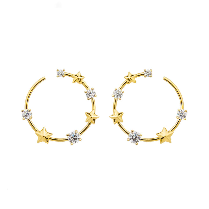 Star and Crystal Yellow Gold Plated Earrings w. Crystal