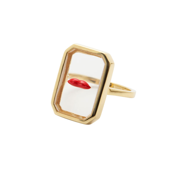 Lips Red & Transparent Gold Plated Ring