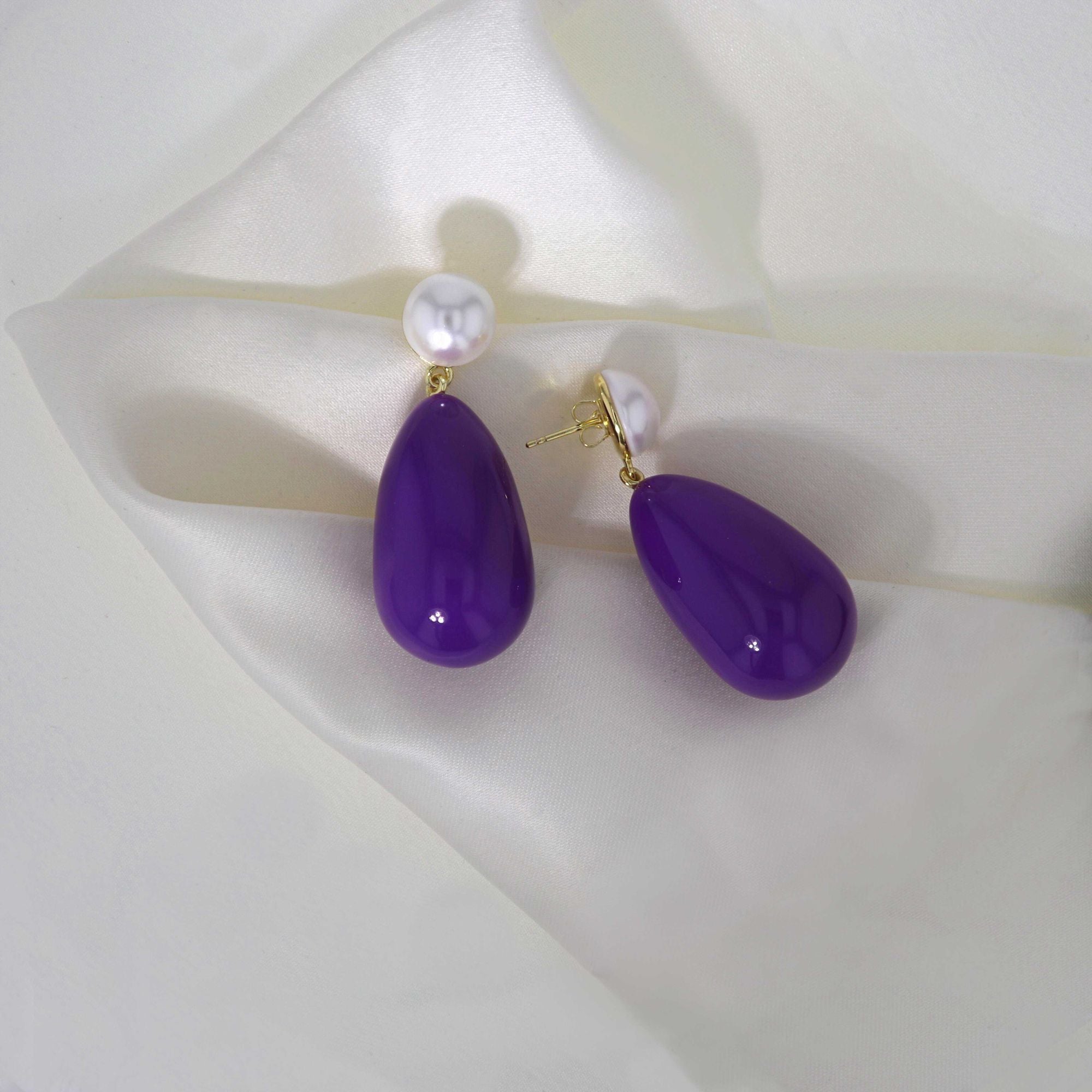 Drop Purple & White Gold Plated Earrings w. Pearls