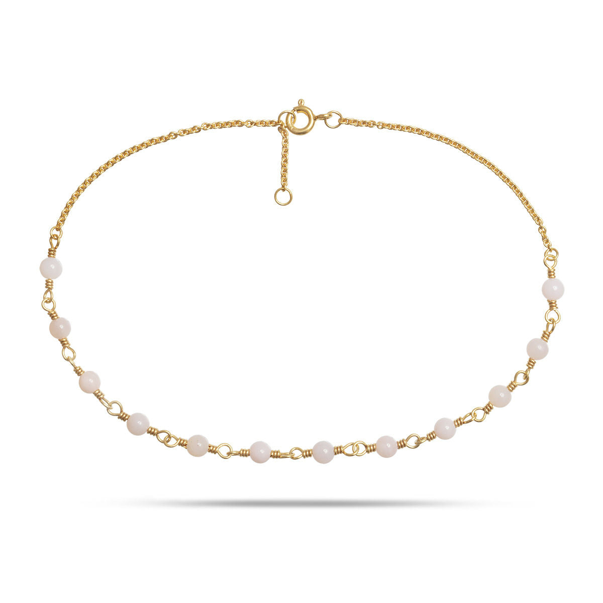 White 18K Gold Plated Anklet w. Pearls & Opal