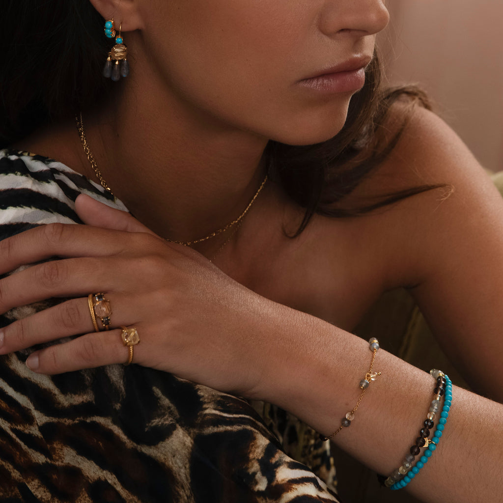 18K Gold Plated Bracelet w. Labradorite & Quartz