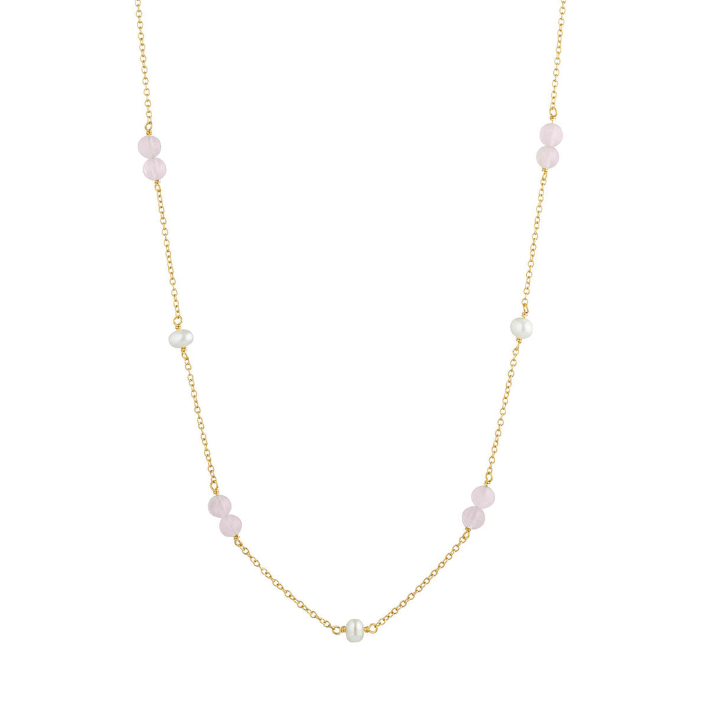 Valentine 18K Gold Plated Necklace w. Pearls & Quartz