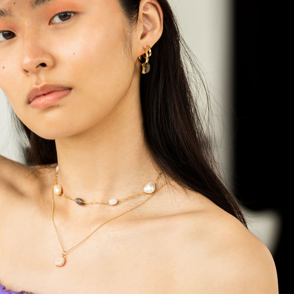 Valentine 18K Forgyldt Halskæde m. Perler, Morganit & Laboradorit