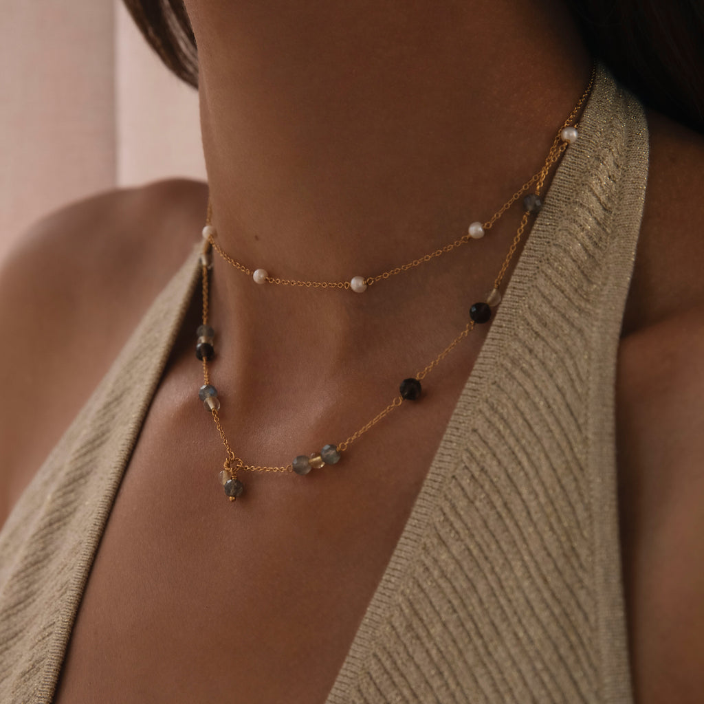 18K Gold Plated Necklace w. Quartz & Labradorite