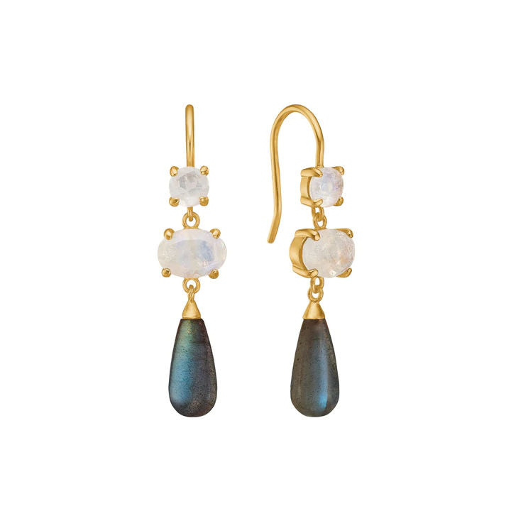 Drop 18K Gold Plated Earrings w. Moonstone & Labradorite