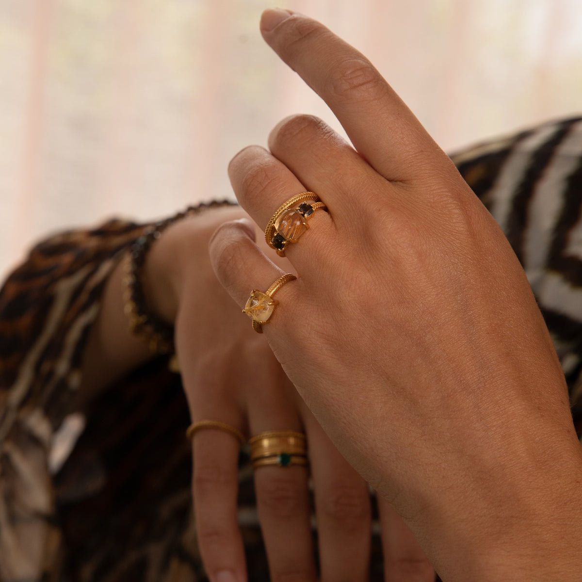 18K Forgyldt Ring m. Rutil & Røg Kvarts