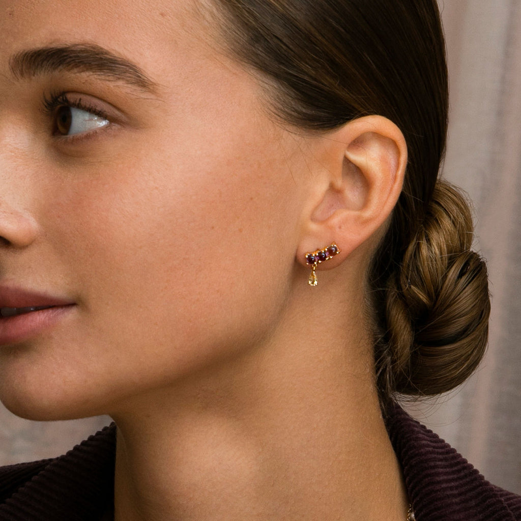 Olalla 18K Gold Plated Crawler Studs w. Amethyst & Quartz