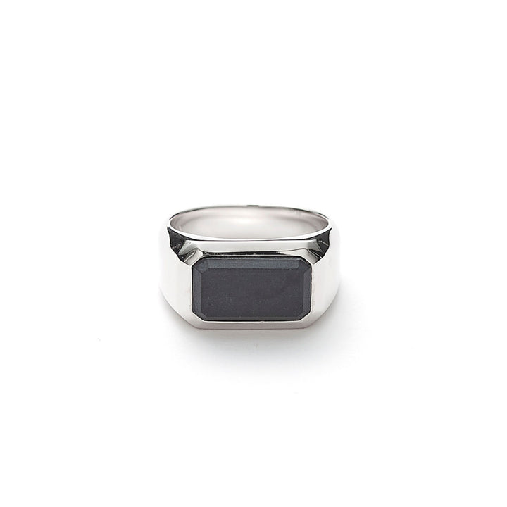 Hoffe Rechteck Signet Matt Silver Ring w. Onyx