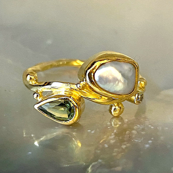 Seafire 18K & 22K Guld Ring m. Diamanter, Safir & Perle
