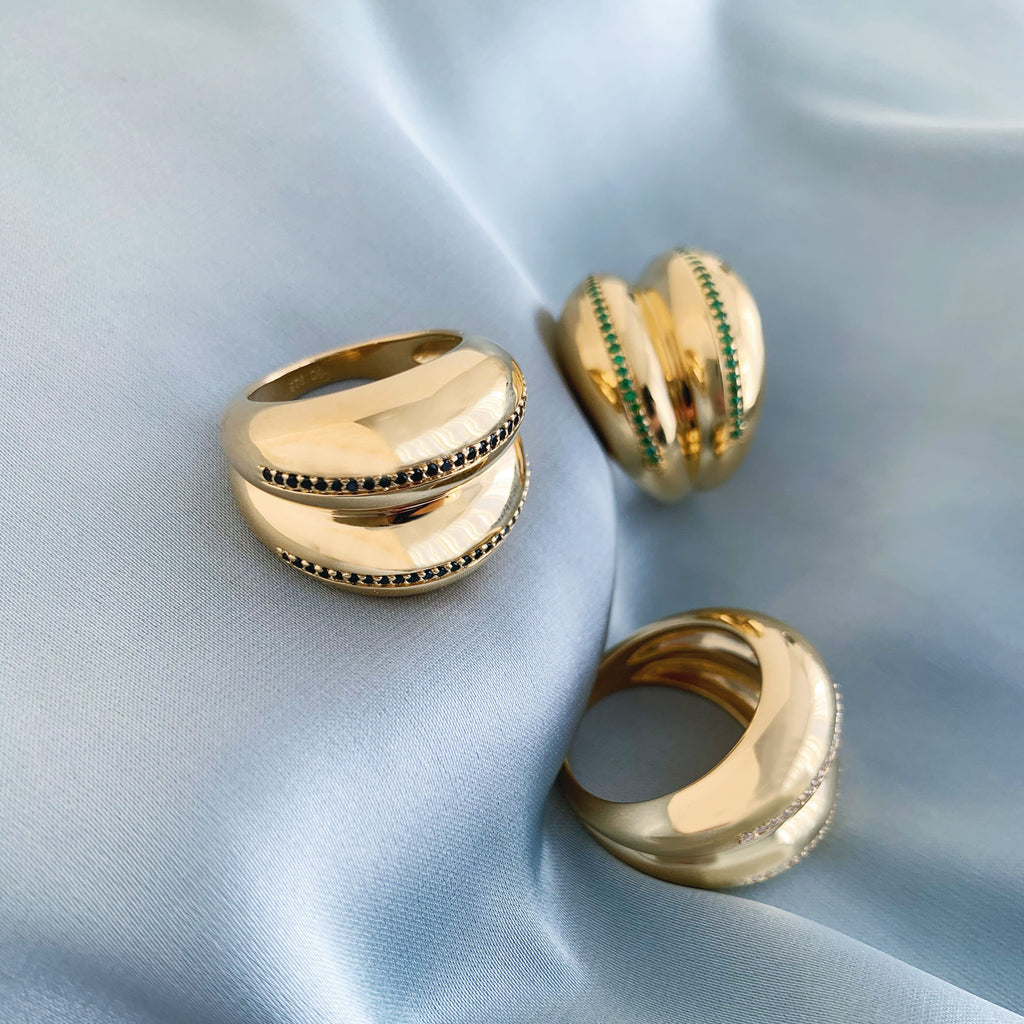 Double VOID 18K Gold Plated Ring w. Green Spinel