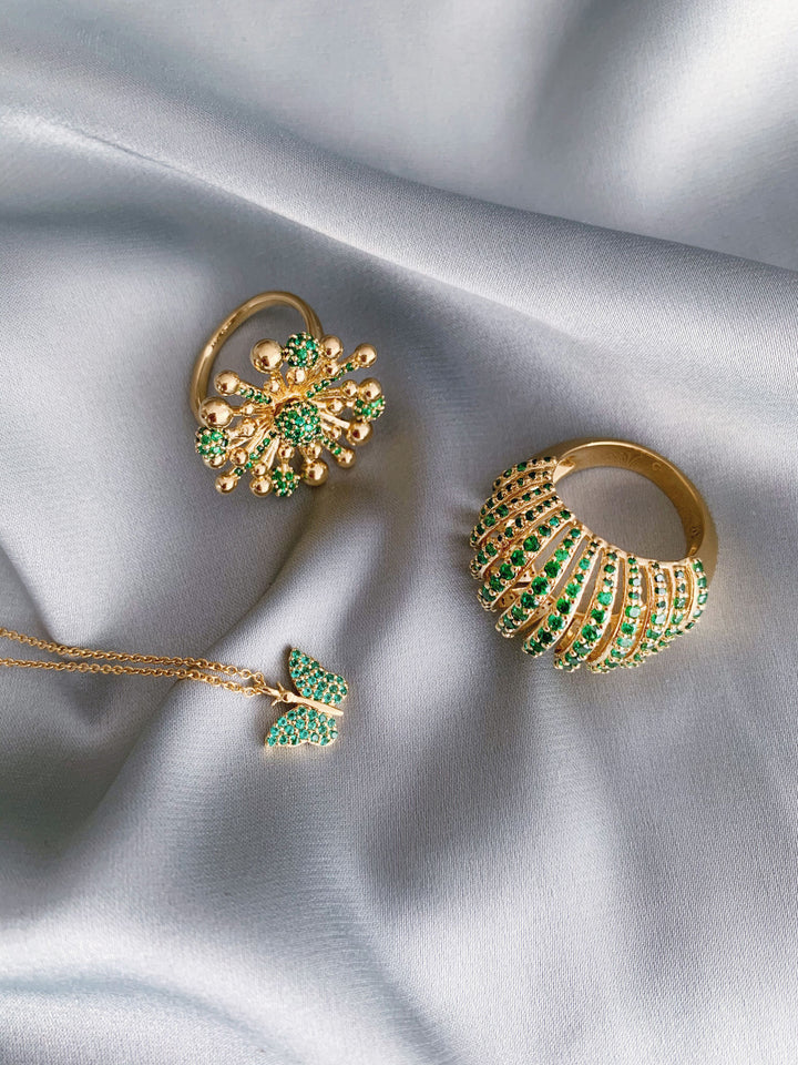 Floret 18K Gold Plated Ring w. Green Zirconias