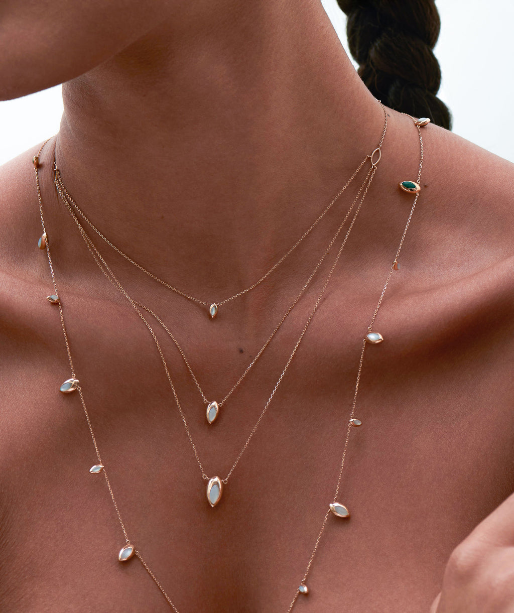Lang Swinging Chain 18K Rosaguld Halskæde m. Malakit & Perle