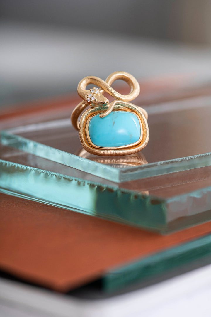 Snakes Petite 18K Gold Ring w. Diamonds & Turquoise