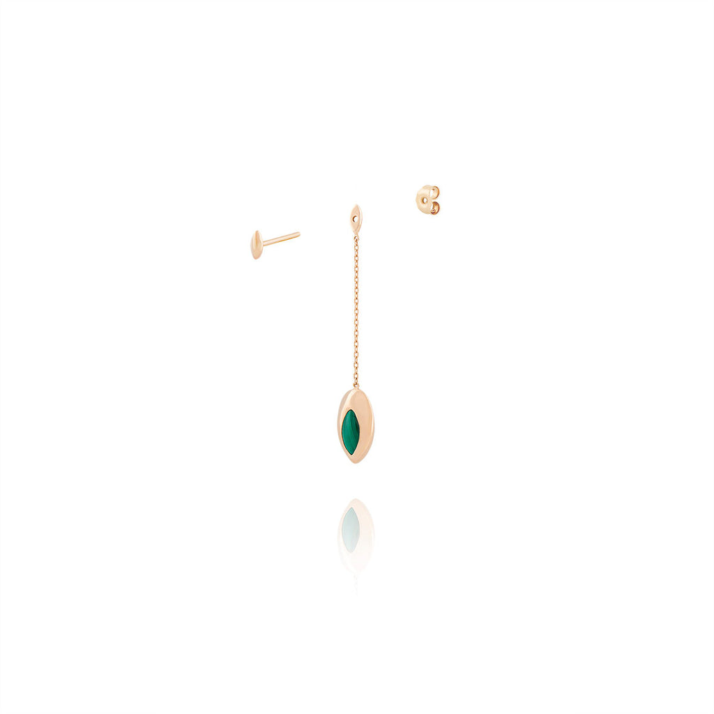 Short Swinging 18K Rosegold Earrings w. Malachite & Pearl