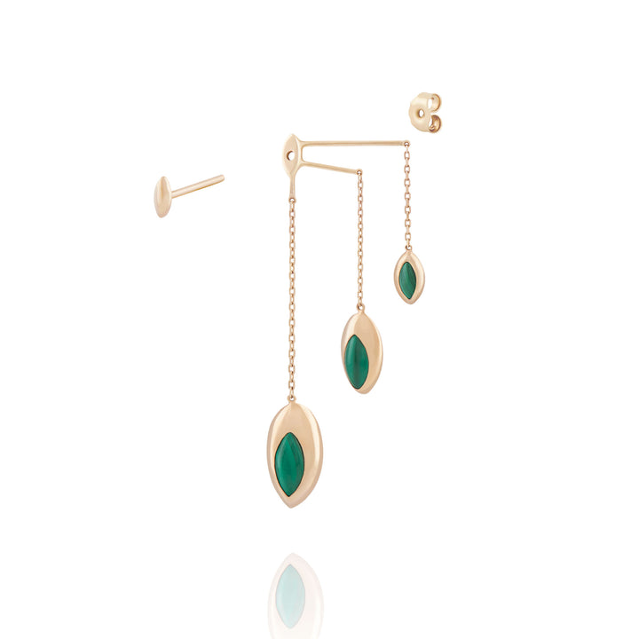 Swinging Triple Chain 18K Rosegold Earrings w. Malachite & Pearl