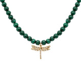Dragonfly Necklace 18K Gold Plated Necklace w. Malachite & Diamond