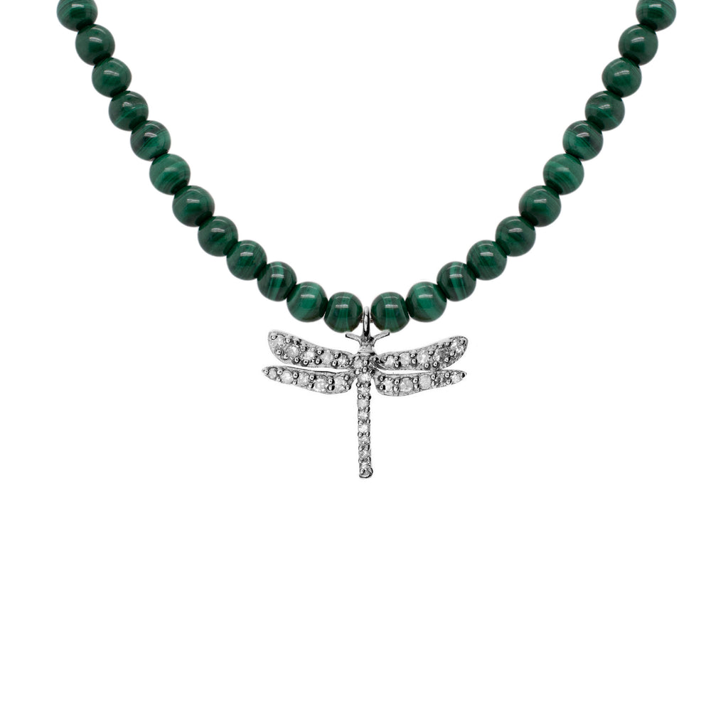 Dragonfly Oxidized Silver Necklace w. Malachite & Diamond