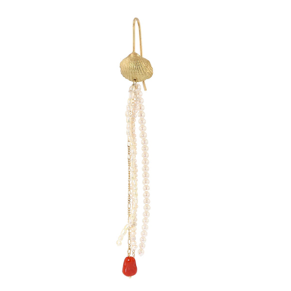 Sea Shell 18K Gold Earring w. Coral & Pearls