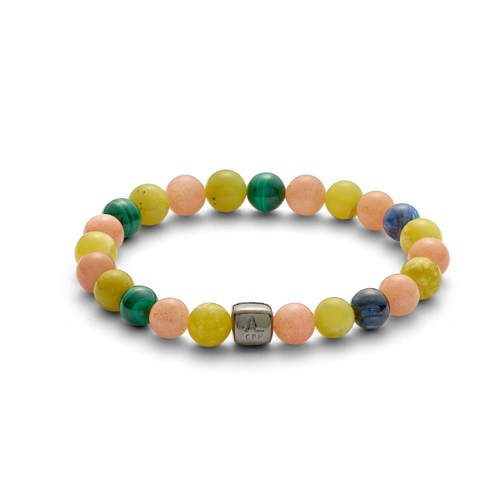 ColorUp Miami (8mm) sølv Armbånd m. Månesten, Malakit, Kyanit & Peridot