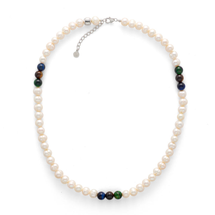 Silver Necklace w. Pearls & Green Tiger's Eye