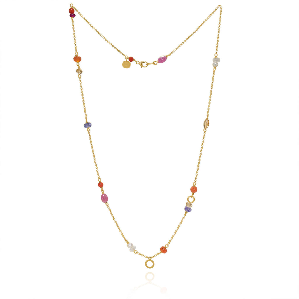 Wild Berry Limited edition 18K Guld Halskæde m. Koral, Rubin, Karneol, Citrin, Månesten, Tanzanit & Perle