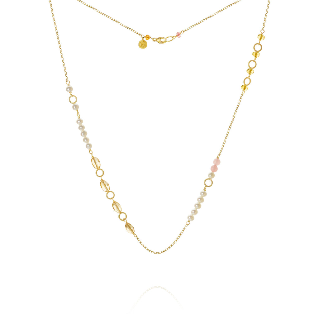 Piccolo Mellow 18K Gold Necklace, 43 cm w. Pearl, Quartz & Sapphire