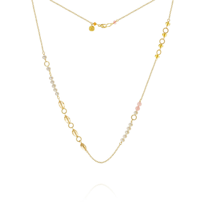 Piccolo Mellow 18K Gold Necklace, 43 cm w. Pearl, Quartz & Sapphire