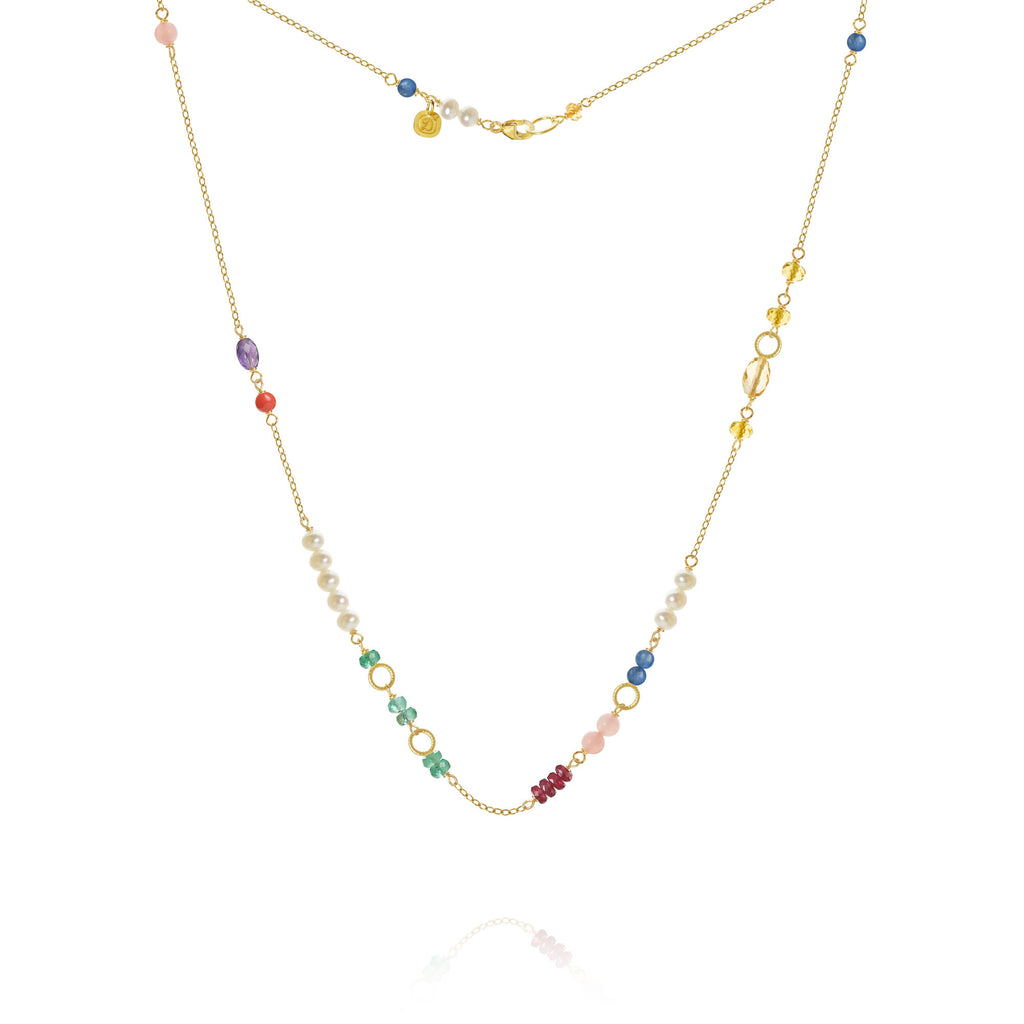 Piccolo Bloom 18K Gold Necklace, 43 cm w. Emerald, Ruby, Quartz, Kyanite, Pearl, Citrin, Coral & Amethyst