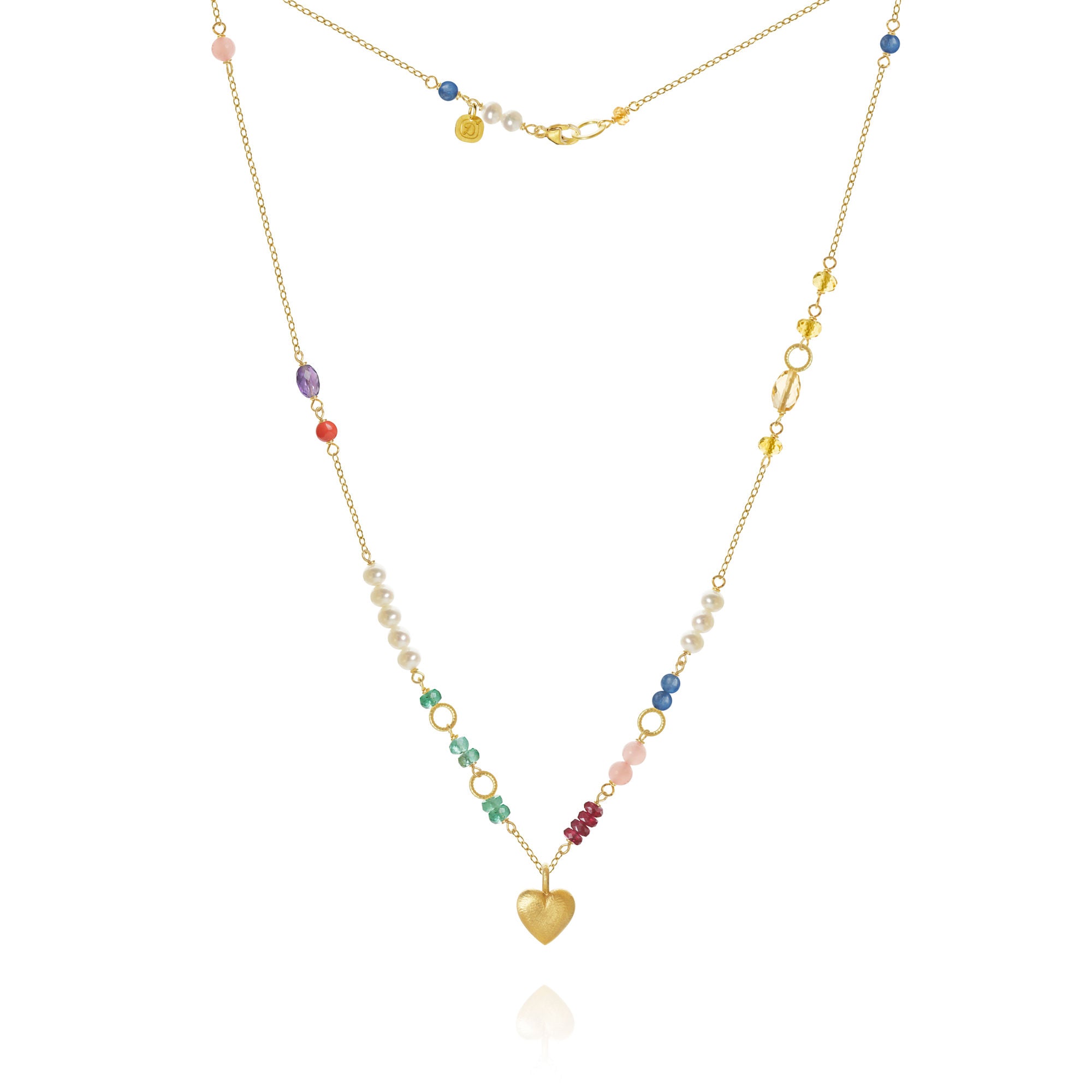 Piccolo Bloom Heart 18K Gold Necklace, 43 cm w. Emerald, Ruby, Quartz, Kyanite, Pearl, Citrin, Coral & Amethyst