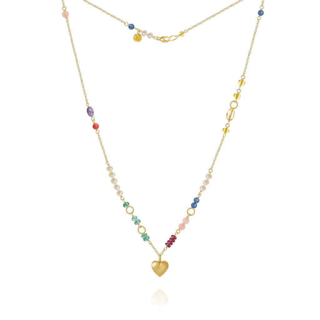 Piccolo Bloom Heart 18K Gold Necklace, 43 cm w. Emerald, Ruby, Quartz, Kyanite, Pearl, Citrin, Coral & Amethyst