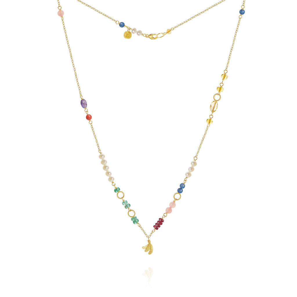 Piccolo Bloom Leaf 18K Gold Necklace, 43 cm w. Emerald, Ruby, Quartz, Kyanite, Pearl, Citrin, Coral & Amethyst