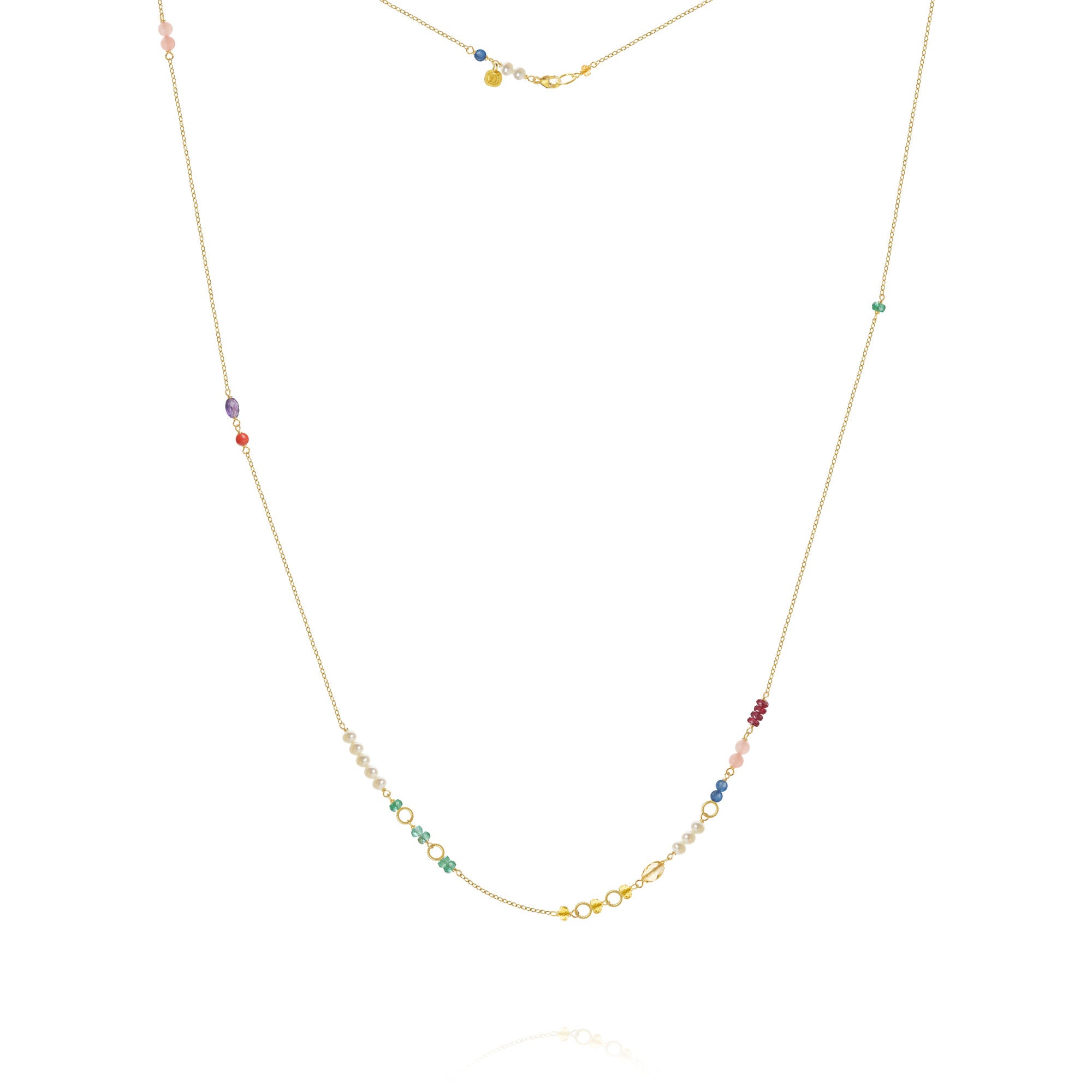 Piccolo Bloom 18K Gold Necklace, 62 cm w. Emerald, Ruby, Quartz, Kyanite, Pearl, Citrin, Coral & Amethyst