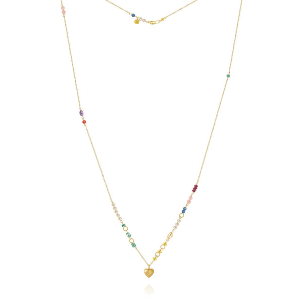 Piccolo Bloom Heart 18K Gold Necklace, 62 cm w. Emerald, Ruby, Quartz, Kyanite, Pearl, Citrin, Coral & Amethyst