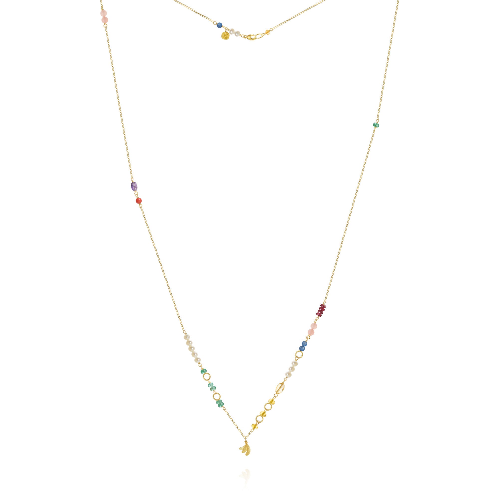 Piccolo Bloom Leaf 18K Gold Necklace, 62 cm w. Emerald, Ruby, Quartz, Kyanite, Pearl, Citrin, Coral & Amethyst