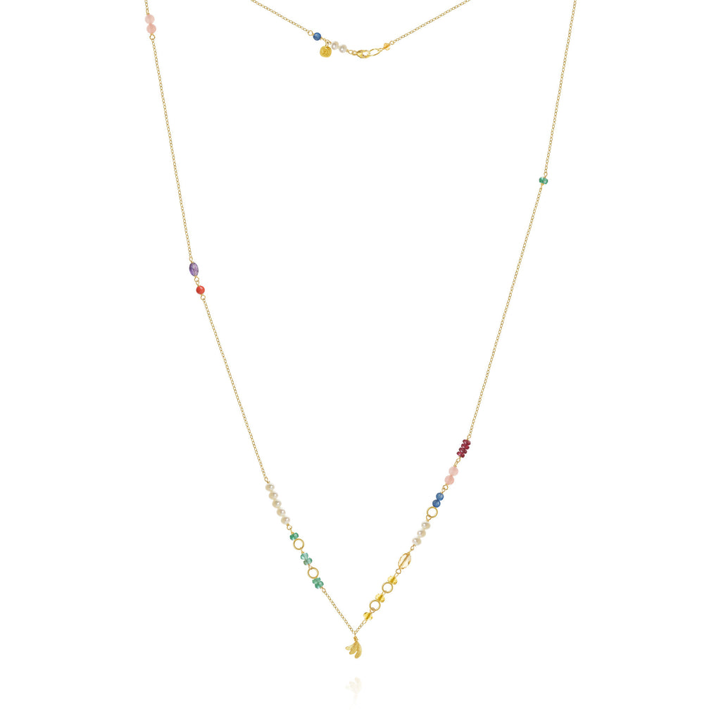 Piccolo Bloom Leaf 18K Guld Halskæde, 62 cm m. Smaragd, Rubin, Kvarts, Kyanit, Perle, Citrin, Koral & Ametyst