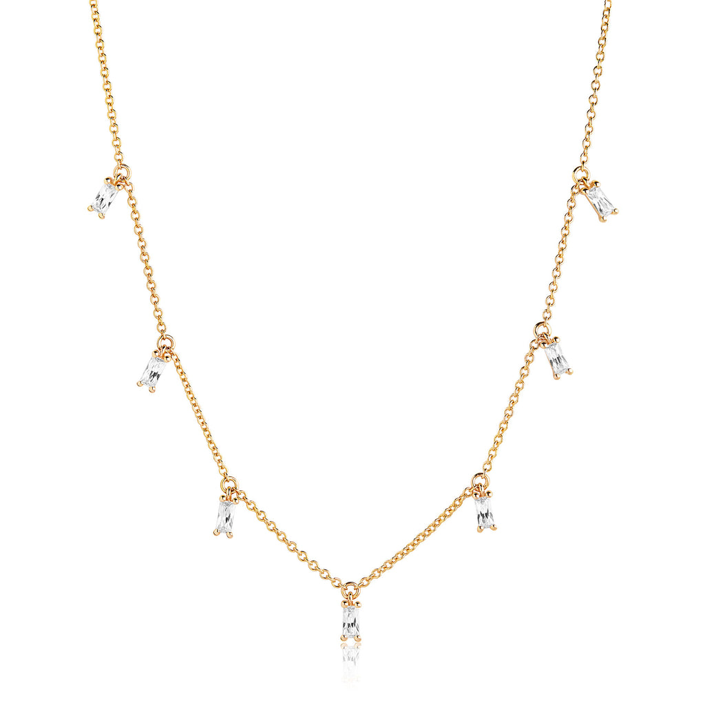 Princess Baquette Gold Plated Necklace w. White Zirconias