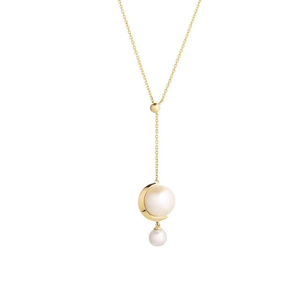 Cosmo Saturn Drop 18K Gold Necklace w. Pearl