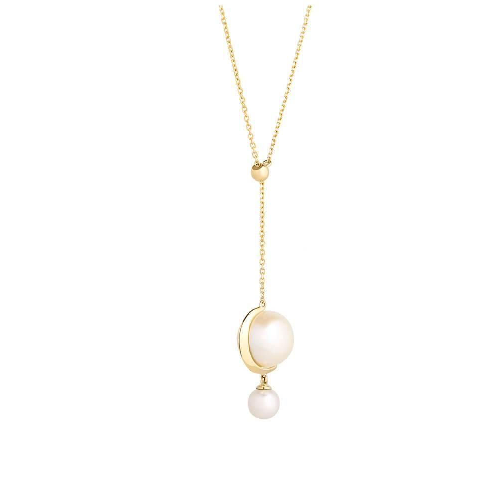 Cosmo Saturn Drop 18K Gold Necklace w. Pearl