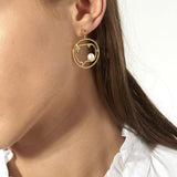 Cosmo Spaceman 18K Gold Plated Hoops w. Zirconia & Pearl