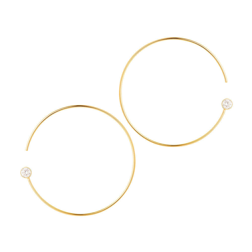 Modern Words Fine Dot 18K Gold Hoops w. Diamond