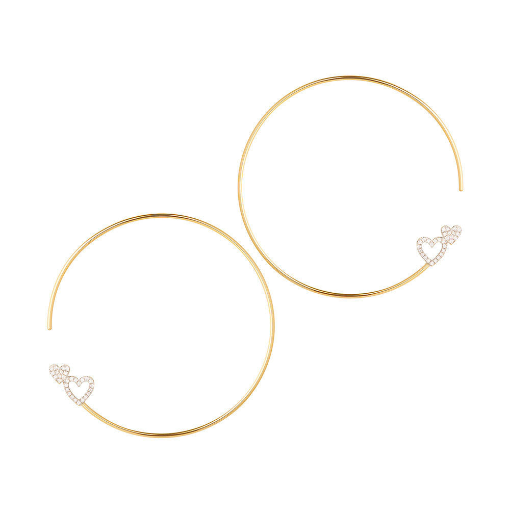Modern Words Fine Double Heart 18K Gold Hoops w. Diamond