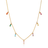 Princess Baquette Gold Plated Necklace w. Pink, Blue, Green, Orange & Purple Zirconias