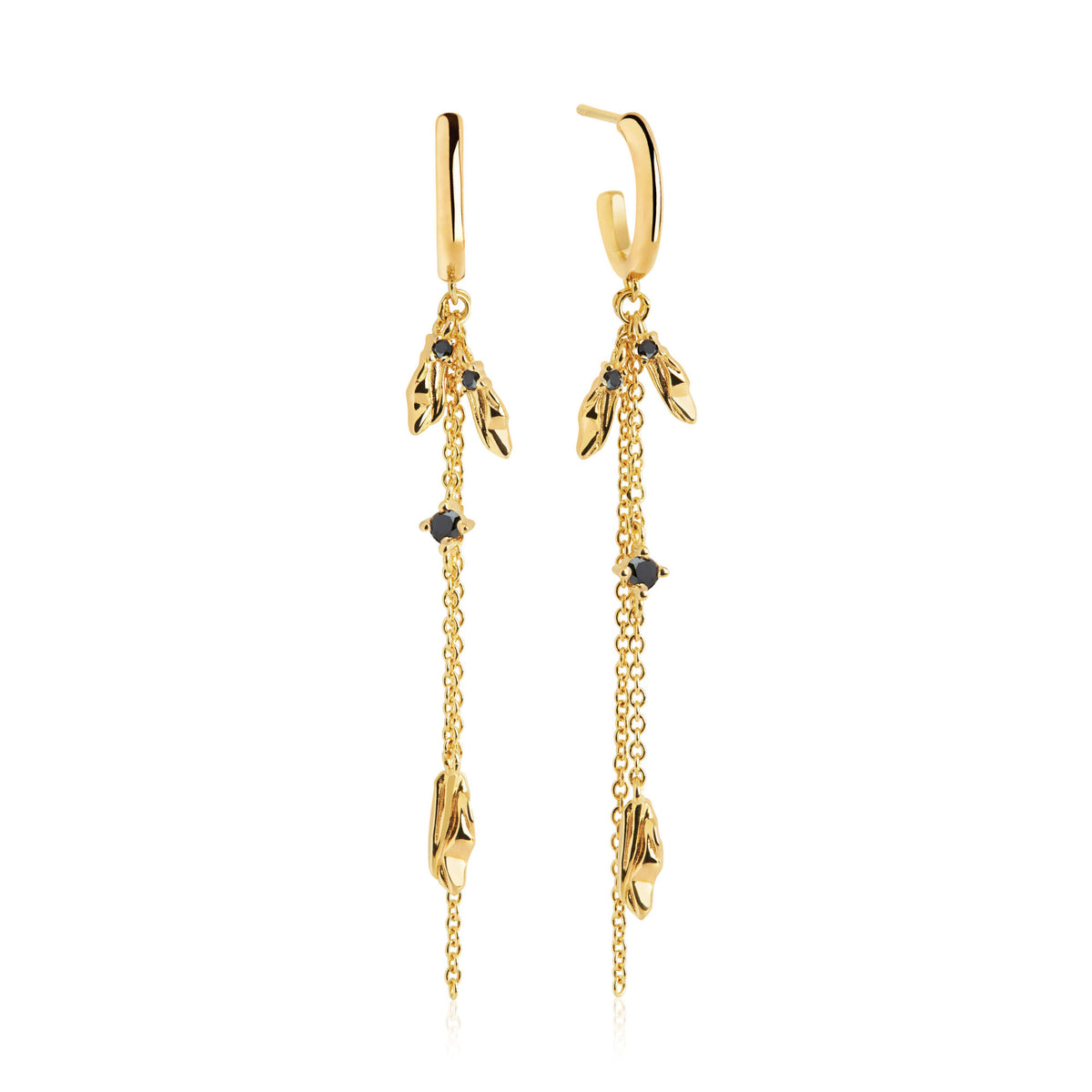Vulcanello Double Chain Gold Plated Earrings w. Black Zirconias
