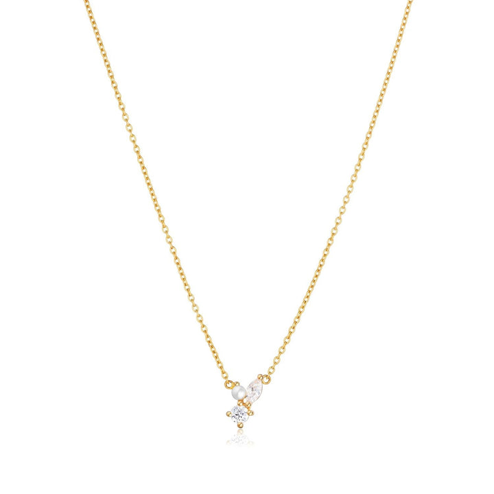 Adria Tre Piccolo Gold Plated Necklace w. White Zirconias & Pearl