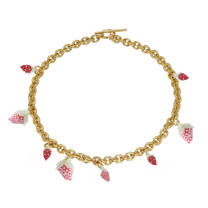 Medium Chunky Strawberry goldplattierte Halskette I Rosa und rote Schmuckperlen