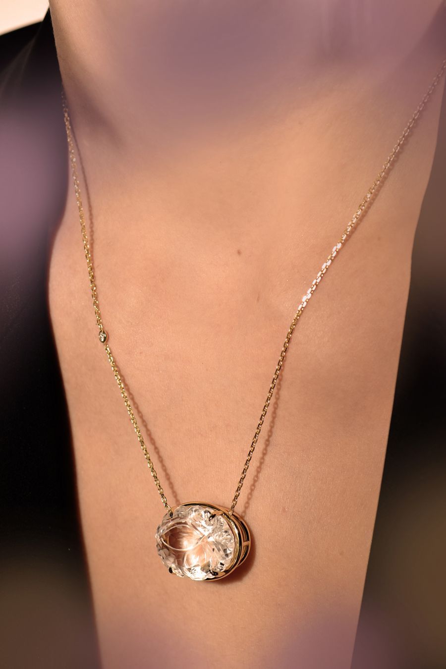 Camelia 18K Gold Necklace w. Diamonds & Crystal Quartz