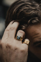 IX Cushion Signet 22K Gold Plated Ring w. Hawks Eye Ring