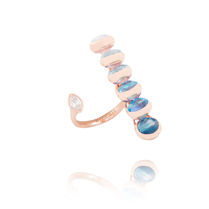 Dancing offener Ring aus 18K Rosegold I Diamanten, Quartz, Topas und Amethyst