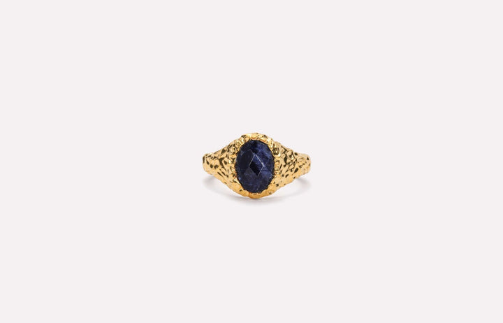 Ix knusprig verziertes blaues Sodalit Signet Gold plattierter Ring